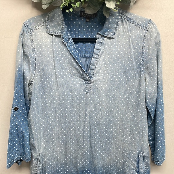 Luxology Chambray Denim Dot Shift Shirt Dress with Pockets 6 - Picture 3 of 16